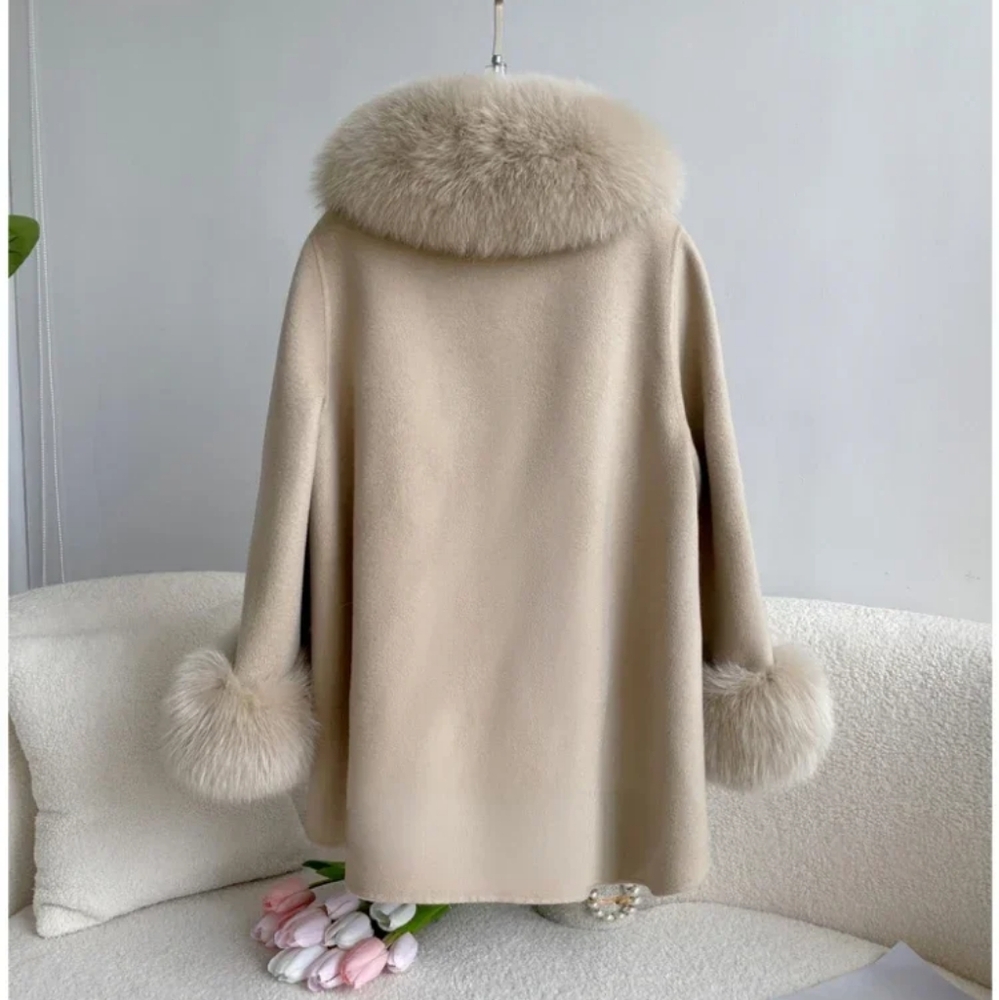 Woolen Jacket Real Big Fur Detachable Collar Loose  Blends Luxury Fashio - Picture 9 of 9